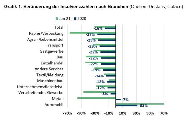 Grafik 1: Veränderung der Insolvenzzahlen nach Branchen (Quellen: Destatis, Coface)